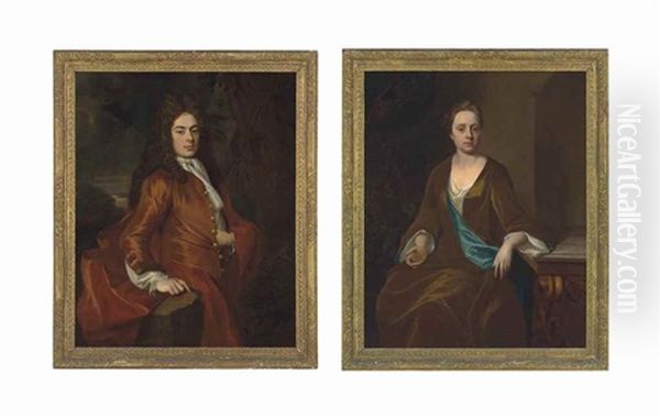 Portrait Of Peter Bodvell In A Red Velvet Coat With Gold Buttons And A Lace Cravat; And Portrait Of Mrs Bodvell, In A Brown Velvet And Blue Dress With Lace Sleeves, Her Arm Resting On A Marble Table (pair) - view 1