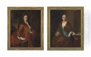 Portrait Of Peter Bodvell In A Red Velvet Coat With Gold Buttons And A Lace Cravat; And Portrait Of Mrs Bodvell, In A Brown Velvet And Blue Dress With Lace Sleeves, Her Arm Resting On A Marble Table (pair)