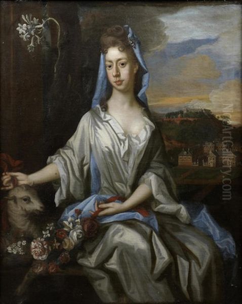 Portrait Of Catherine, First Duchess Of Rutland, Three-quarter-length, In A White Dress And Blue Wrap, Seated With A Lamb Before A Landscape - view 1