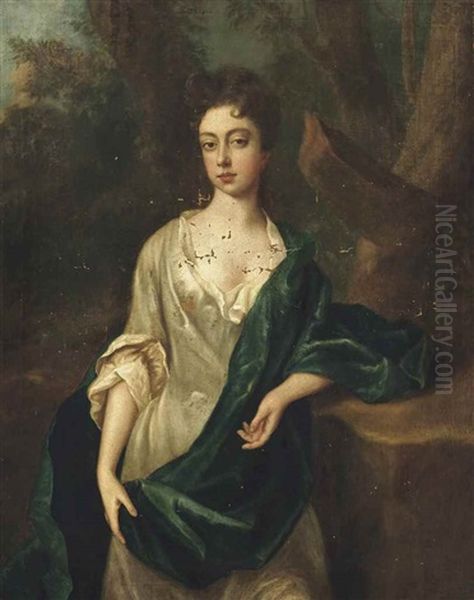 Portrait Of Priscilla Squire (1660-1711), Three-quarter Length, In A White Dress And Green Shawl, A Wooded Landscape Beyond - view 1
