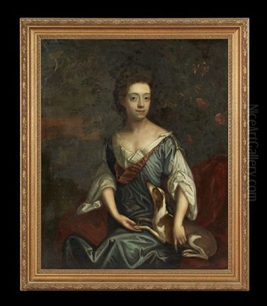 Portrait Of A Young Woman In Blue, Seated In A Landscape, A Pet Dog In Her Lap - view 1