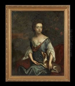 Portrait Of A Young Woman In Blue, Seated In A Landscape, A Pet Dog In Her Lap by Michael Dahl