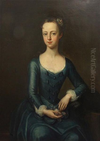 Portrait Of A Lady Seated In A Blue Dress With Flowers In Her Hair - view 1