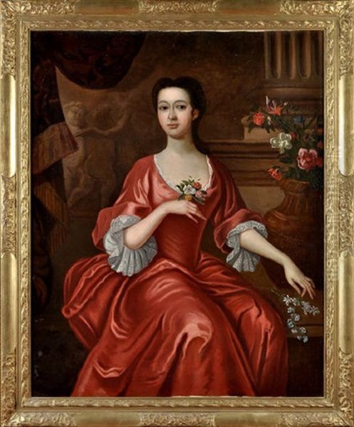 Three-quarter Length Portrait Of A Lady In A Red Lace-trimmed Dress - view 1