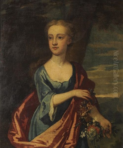 A Three Quarter Length Portrait Of A Young Girl Wearing A Red Satin Sash And Holding A Garland Of Flowers Before A Landscape - view 1
