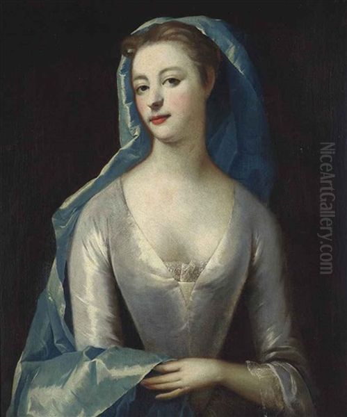 Portrait Of A Lady, Half-length, In An Oyster Satin Dress And A Blue Wrap - view 1