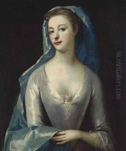 Portrait Of A Lady, Half-length, In An Oyster Satin Dress And A Blue Wrap by Michael Dahl