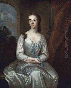 Portrait Of A Lady Traditionally Identified As Rebecca Hele (1670-1710), Later Lady Trelawny, Three-quarter-length, In A White Satin Dress by Michael Dahl