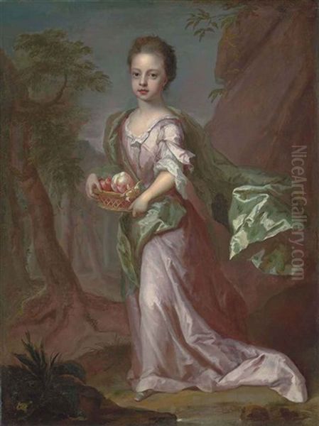 Portrait Of A Girl, Traditionally Identified As Eleonora Leijoncrona, Full-length, In A Pink Dress And Green Shawl, Holding A Basket - view 1