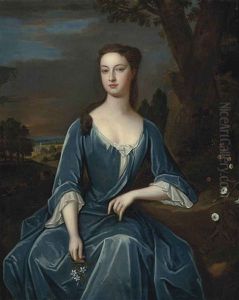 Portrait Of Anne Bethell, Three-quarter-length, In A Blue Dress, Seated In A Landscape, White Flowers In Her Right Hand