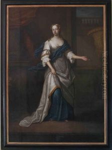 Portrait Of A Lady, Full-length, In An Oyster Satin Dress And Blue Wrap, Standing Beside A Classical Urn