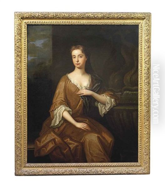 Portrait Of A Lady, Traditionally Identified As Mrs. Grace Butler, Three-quarter-length, In An Ochre Dress, Seated Beside A Fountain, A Landscape Beyond - view 1