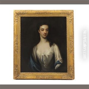 A Portrait Of A Lady Wearing Grey Dress And Blue Shawl, Her Long Hair Over The Shoulder, In A Feigned Oval