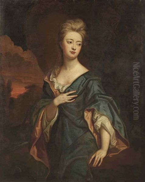 Portrait Of A Lady, Said To Be Lady Mary Bentinck, Countess Of Essex, In A Blue Robe With A White Chemise, Standing In A Grotto With A Waterfall In The Distance - view 1