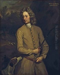 Portrait Of Edward Roper, Master Of The Charlton Hunt, In A Buff Coat, Holding A Whip, With A Hound At His Side And Hounds Pursuing A Fox Beyond