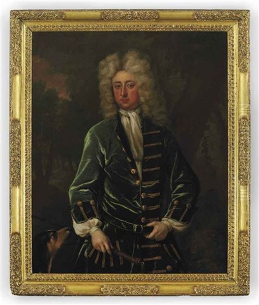 Portrait Of Sir Charles Shuckburgh, 2nd Bt., Master Of The Staghounds To Queen Anne In A Green Coat With Gold Buttons, Holding A Riding Crop With A Dog In... - view 1