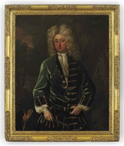 Portrait Of Sir Charles Shuckburgh, 2nd Bt., Master Of The Staghounds To Queen Anne In A Green Coat With Gold Buttons, Holding A Riding Crop With A Dog In...