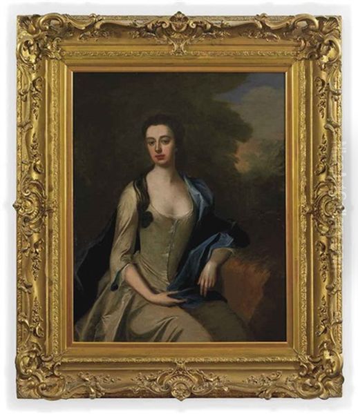 Portrait Of A Lady In A White Dress With A Blue Wrap, Seated In A Wooded Landscape - view 1