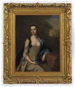 Portrait Of A Lady In A White Dress With A Blue Wrap, Seated In A Wooded Landscape