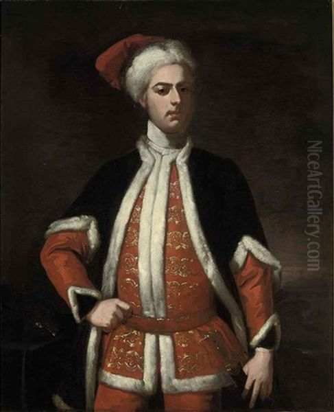Portrait Of A Gentleman In An Ermine Trimmed Black Coat And Red Cap, A Landscape Beyond - view 1