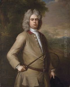 Portrait Of John Sutton, Three-quarter-length, In A Buff Coat, Holding A Riding Crop And Hat, A Country House Beyond