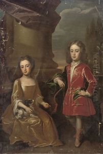 Double Portrait Of Dudley North, With His Sister Anne, The Former In A Red Velvet Coat, The Latter Seated In A Yellow Dress by Michael Dahl