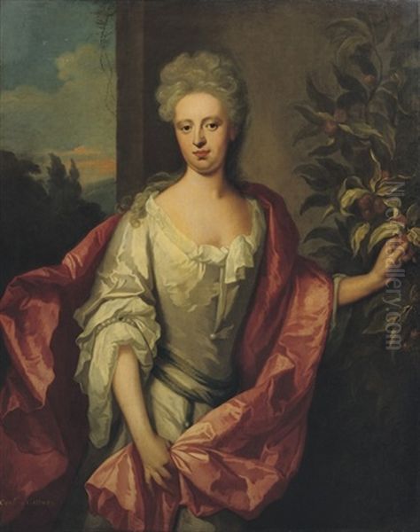 Portrait Of A Lady (countess Of Gallway?) In A White Dress And Red Wrap, Standing In Front Of A Wall Picking Fruit - view 1