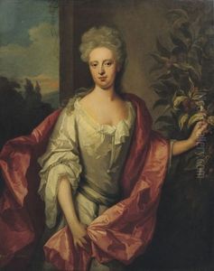 Portrait Of A Lady (countess Of Gallway?) In A White Dress And Red Wrap, Standing In Front Of A Wall Picking Fruit by Michael Dahl