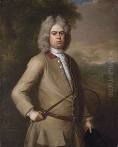 Portrait Of John Sutton In A Landscape, Wearing A Buff Coat And Holding A Riding Crop And Hat