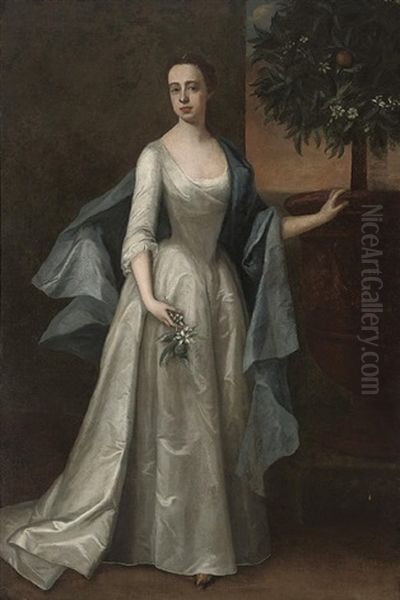 Portrait Of A Lady In An Oyster Satin Dress And Blue Wrap - view 1
