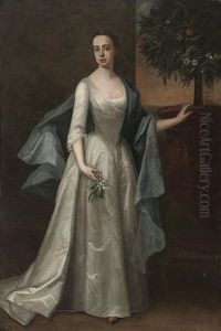 Portrait Of A Lady In An Oyster Satin Dress And Blue Wrap by Michael Dahl