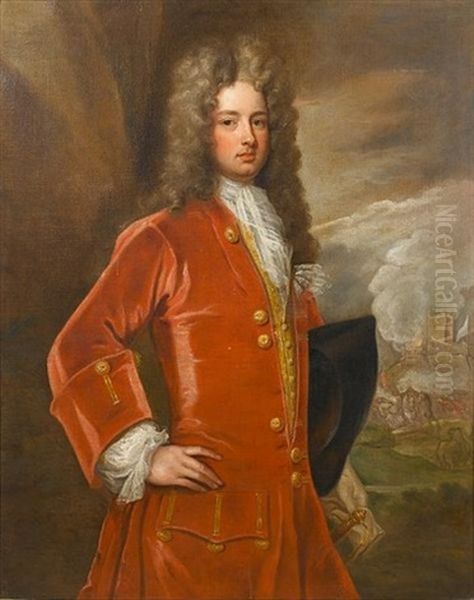 Portrait Of A Gentleman, Standing In A Red Coat With A White Lace Jabot And A Gold Waistcoat, A Tricorn Hat Under His Arm, A Cavalry Skirmish Beyond - view 1