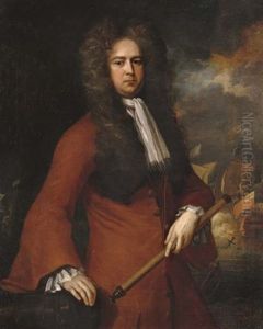 Portrait Of Admiral Sir George Rooke Holding A Telescope, A Naval Battle Beyond by Michael Dahl