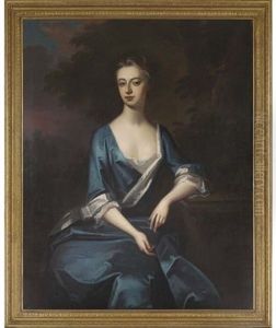 Portrait Of Harriet, Duchess Of Manchester In A Blue And White Lined Dress, Her Left Arm Resting On A Plinth In A Landscape