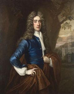Portrait Of A Gentleman, Standing Three-quarter-length, In A Blue Coat And Gold Wrap, A Wooded Landscape And Country House Beyond