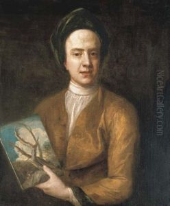 Portrait Of An Artist (joseph Goupy?), Half-length, Holding A Landscape Painting In The Style Of Salvator Rosa