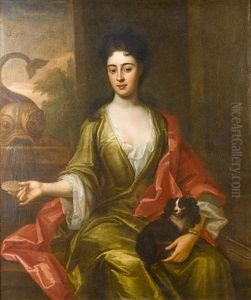 Portrait Of A Lady (elizabeth Gurney?) In A Green Dress With A Red Wrap, A Spaniel On Her Lap, At A Fountain