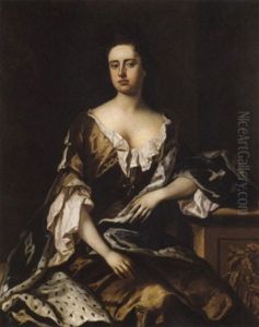 Portrait Of Queen Anne Wearing A Brown Gown With An Ermine Trimmed Blue Cloak by Michael Dahl