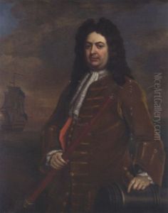 Portrait Of Admiral Sir Thomas Hardy With A Telescope In His Right Hand, His Left Hand Resting On A Cannon, His Ship Beyond by Michael Dahl
