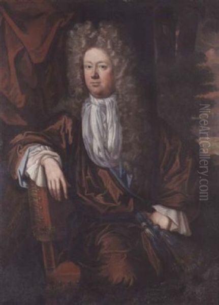 Portrait Of A Gentleman In A Russet-coloured Robe And White Cravat, Before A Curtain, A View To A Landscape Beyond - view 1