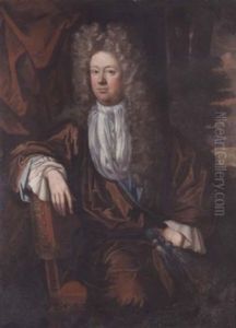 Portrait Of A Gentleman In A Russet-coloured Robe And White Cravat, Before A Curtain, A View To A Landscape Beyond