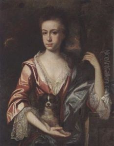 A Portrait Of A Young Lady Wearing A Pink Satin Dress With A White Lace Chemise And A Blue Shawl, Holding A Dog On Her Arm, In A Park Setting