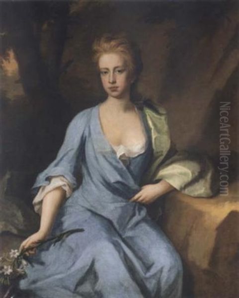 Portrait Of Miss Campbell, (daughter Of Archibald Campbell, 1st Duke Of Argyll?) Seated In A Landscape, Wearing A Blue Dress, Holding A Flower Cutting In Her Right Hand - view 1
