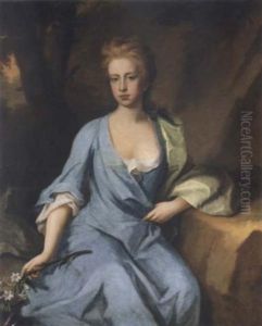 Portrait Of Miss Campbell, (daughter Of Archibald Campbell, 1st Duke Of Argyll?) Seated In A Landscape, Wearing A Blue Dress, Holding A Flower Cutting In Her Right Hand by Michael Dahl