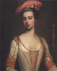 Portrait Of Henrietta Hobart, Countess Of Suffolk, Wearing A Red And Cream Dress With A Red Bonnet