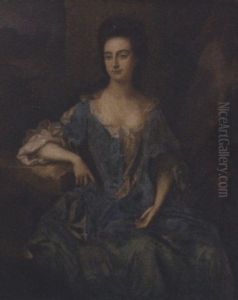 Portrait Of A Lady, Mrs. Levinz (?), Seated In A Blue Dress, Her Right Arm Resting On A Ledge, A Wooded Landscape Beyond