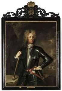 Portrait Of The Duke Of Schomberg In Armour, Holding A Baton In His Right Hand, In A Landscape, A Battle Beyond