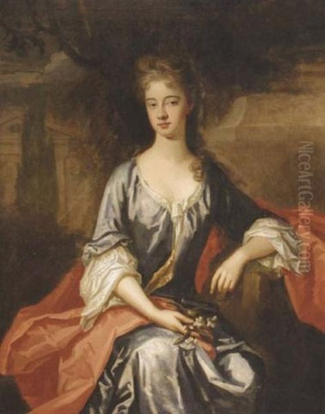 Portrait Of A Lady In A Blue Dress Holding A Garland Of Flowers - view 1
