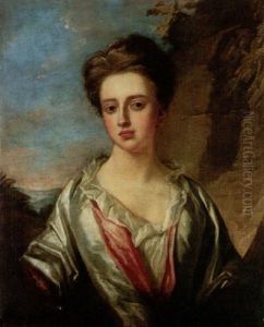 Portrait Of A Lady Wearing A White Silk Dress With A Landscape Beyond