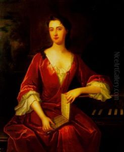 Portrait Of A Lady (mrs. Henry Fane?) Sitting By A Piano, Wearing A Red Dress, Holding A Music Book